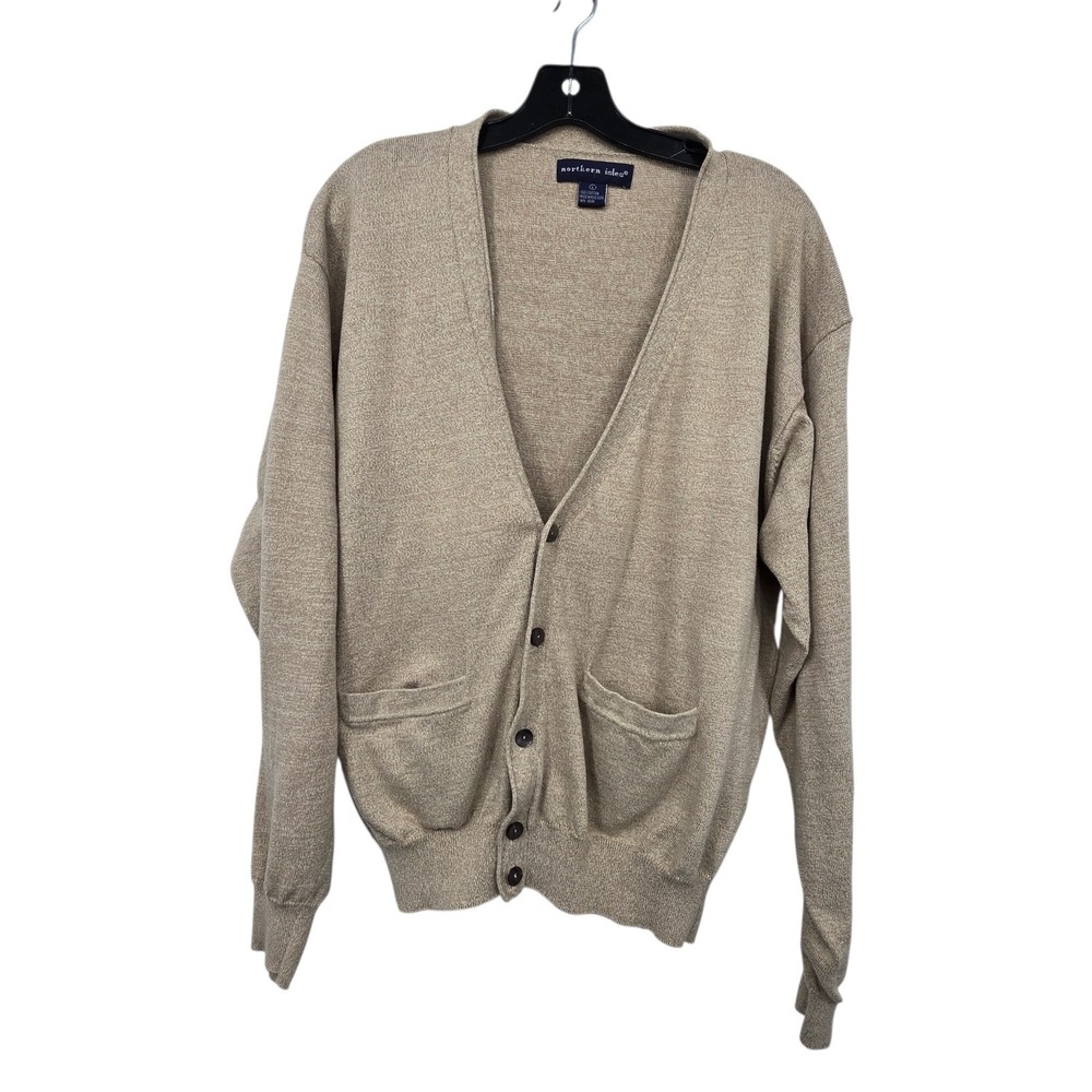 Vintage 90s Cardigan Sweater Womens LG Beige‎ Neutral Minimalist Grandpa Pockets